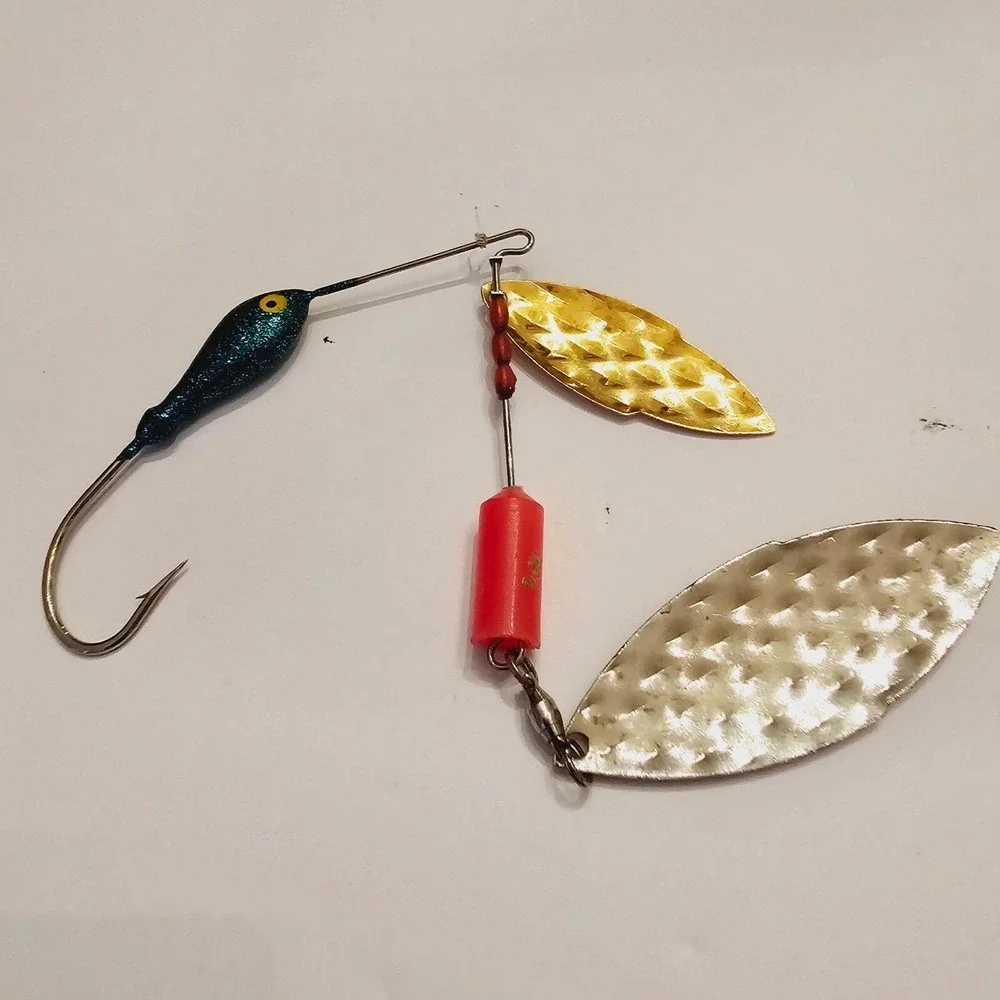 Vintage Dual Willow Blade Spinnerbait Lure Blue Glitter Hammered Gold Silver